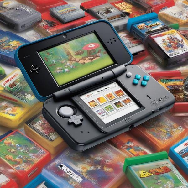 nintendo 2ds with diverse game cases