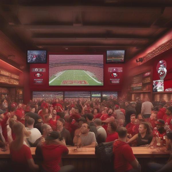 Excited 49ers fans cheering at a lively bar in San Francisco