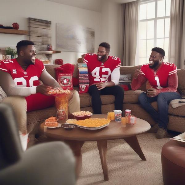 Friends gather for a 49ers game watch party at home