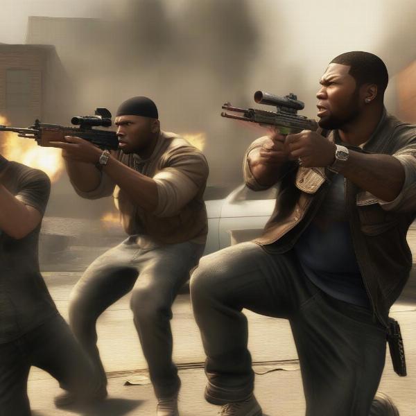 Gameplay screen showing 50 Cent in a firefight