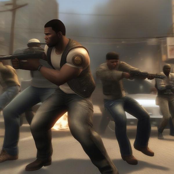 50 Cent Bulletproof gameplay image showing 50 Cent engaged in combat with multiple enemies