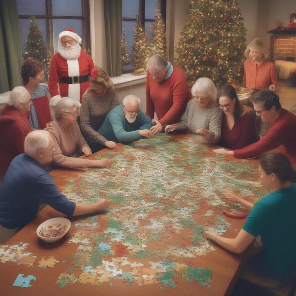 group of adults working on christmas themed jigsaw puzzle on table