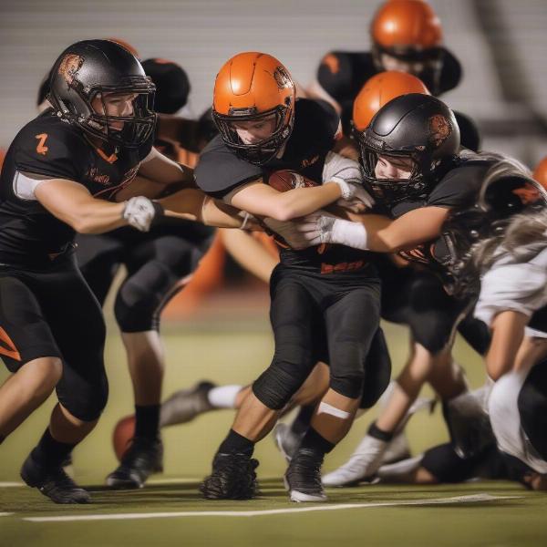 Aledo Bearcats football players in action tackling an opponent during a game