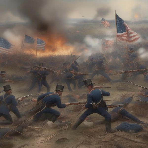 Civil War battle scene with soldiers in formation, flags waving, and smoke from artillery fire.