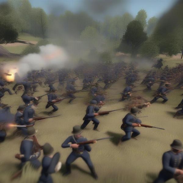 Close-up shot of American Civil War soldiers in a game, illustrating unit types, terrain, and combat mechanics.