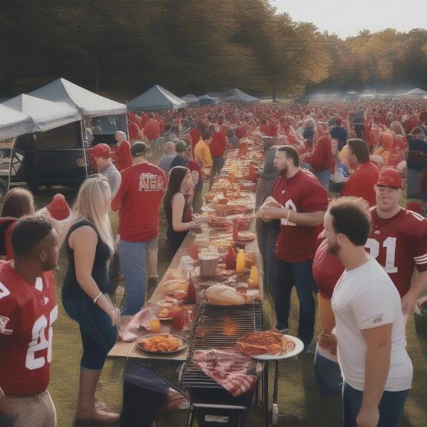 american football fans enjoying tailgating party before game
