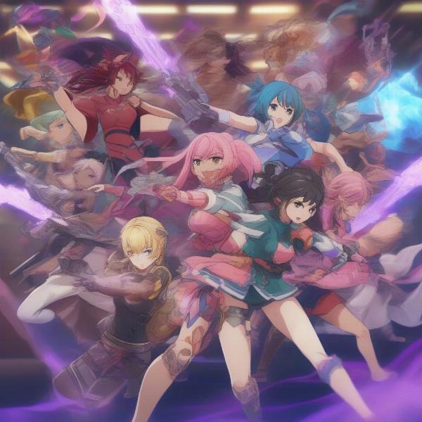 anime gacha game showing multiple female characters