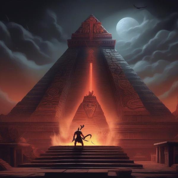 Aztec God of War concept art showing Kratos battling a large serpent creature in front of a pyramid