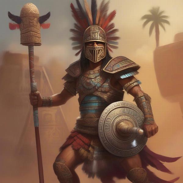 Concept art of an Aztec warrior wielding a macuahuitl and wearing traditional armor