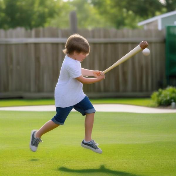 a child hitting a wiffle ball game in the backyard 