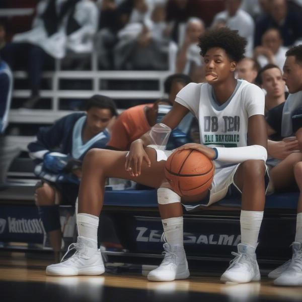 basketball-player-drinking-water-on-bench