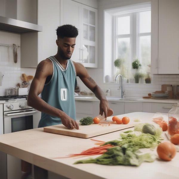 Basketball player preparing a meal in the kitchen