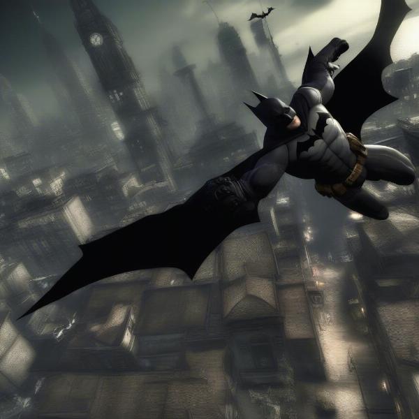 batman arkham city gameplay screenshot showing batman gliding over gotham