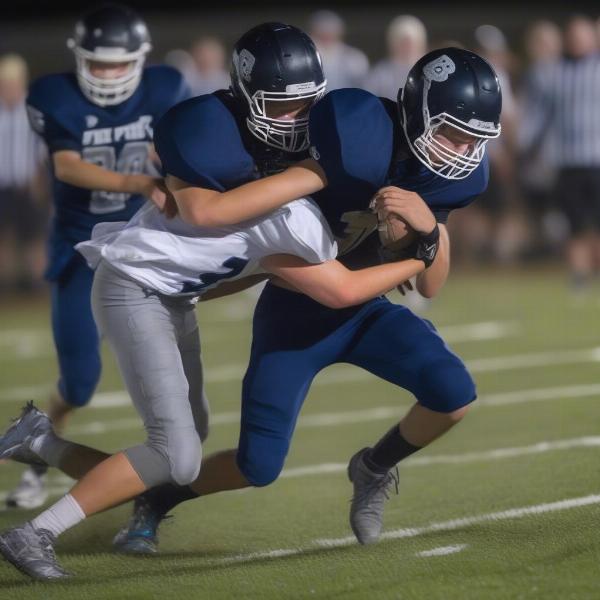 A defensive player making a crucial tackle at a Bay Port game