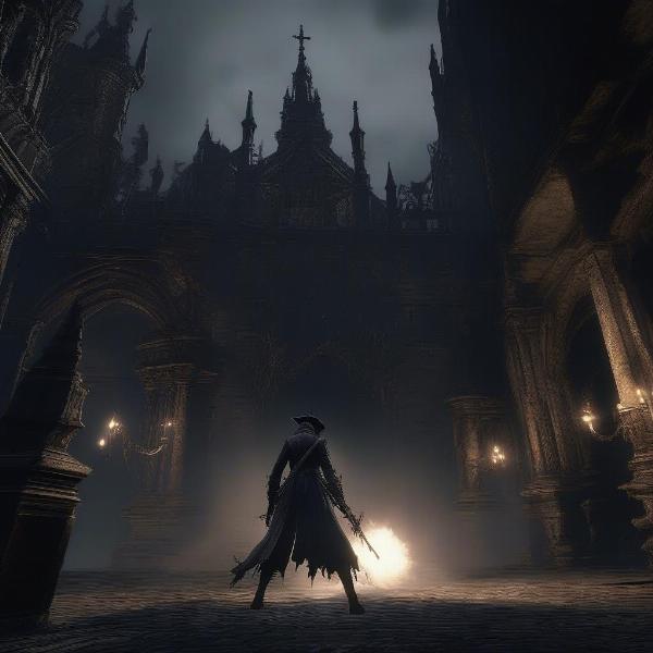 Bloodborne character wielding a trick weapon in a dark gothic setting with intricate architecture and monstrous foes