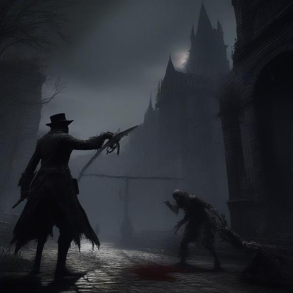 Bloodborne-Hunter-facing-enemy-in-Yharnam