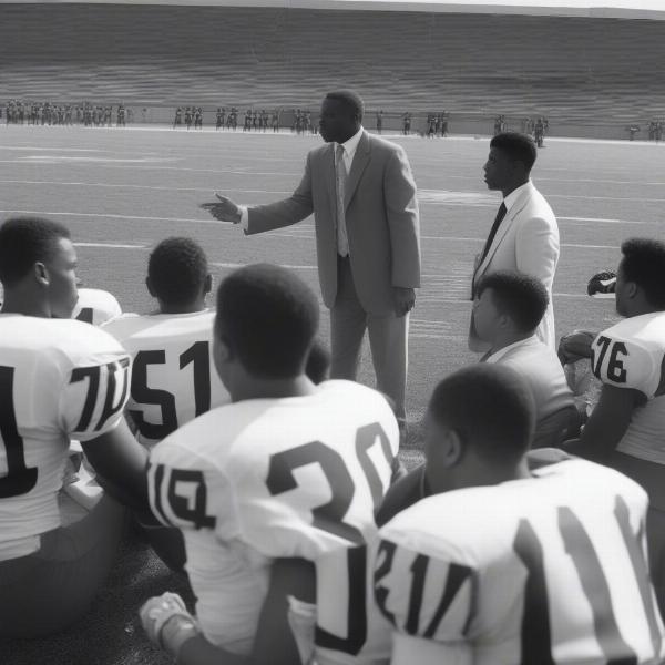 Booker T Washington football team discussing strategy
