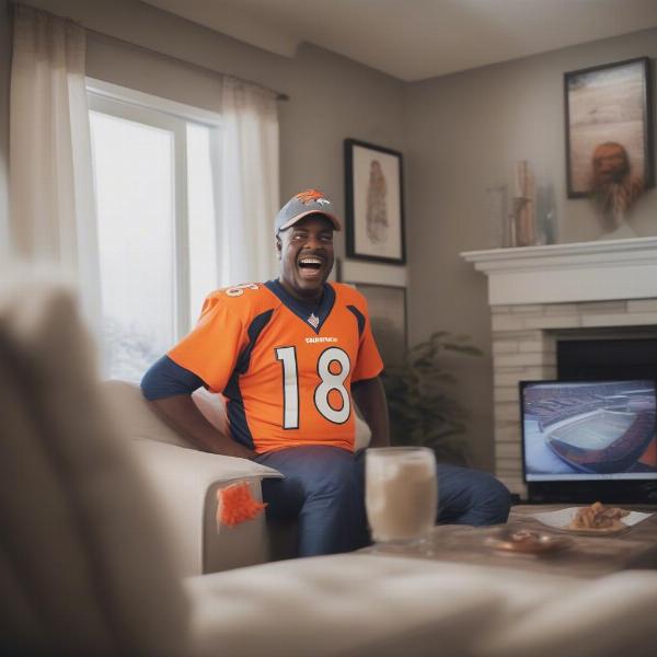 happy broncos fan at home