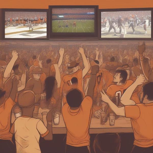 a group of Browns fans are watching a game at a sports bar with the Browns score up on the TV behind them