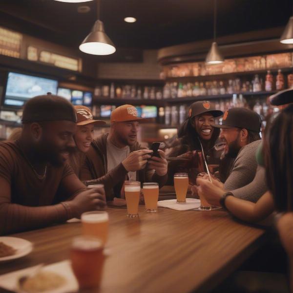 a group of people watching the Browns game on their phones at a sports bar