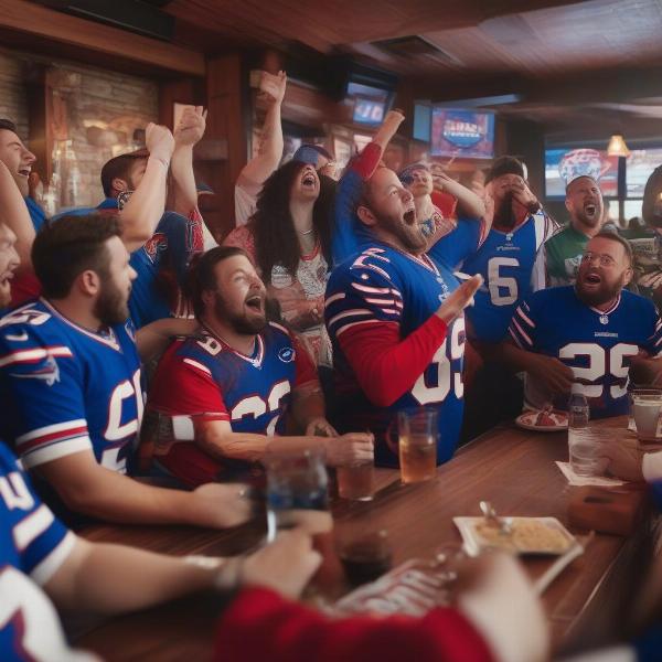 Buffalo Bills fans celebrating at a sports bar