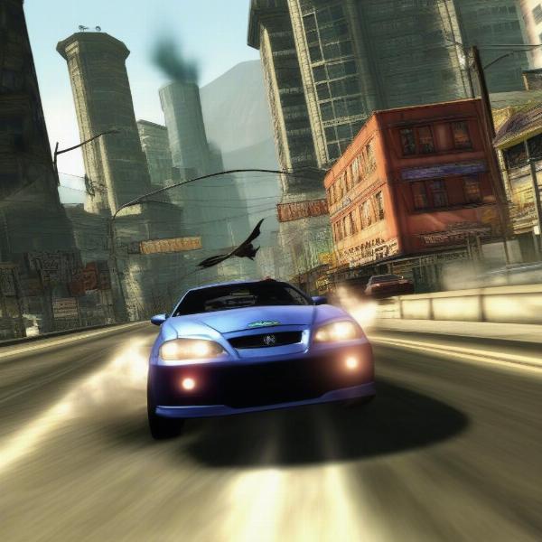 Burnout Paradise open world gameplay on Xbox 360 showing a car speeding through city streets