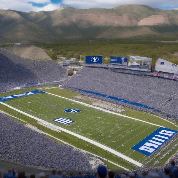 BYU football pregame ceremony honoring military personnel with a color guard.