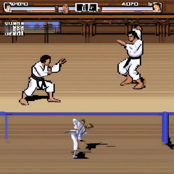 C64 International Karate game showcasing a fight scene between two characters