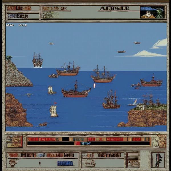 C64 Pirates screenshot showing a naval battle in the Caribbean