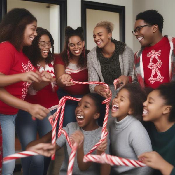 A diverse group of people playing a candy cane game with string, having fun and making memories