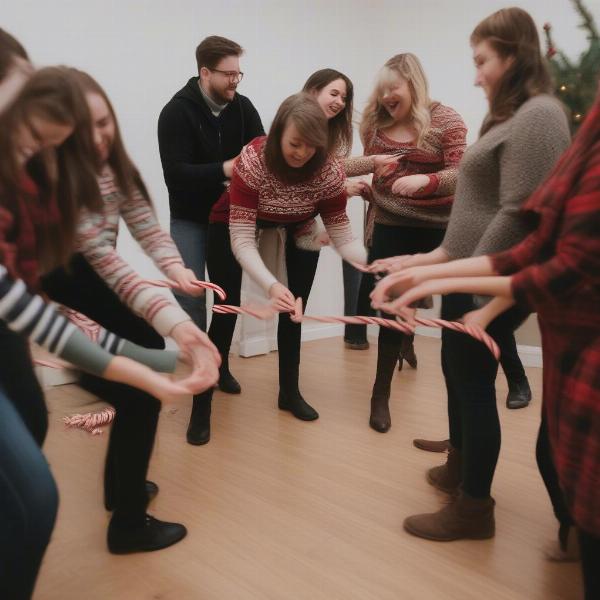 Candy cane string game showing how to use string to pick up the candy canes