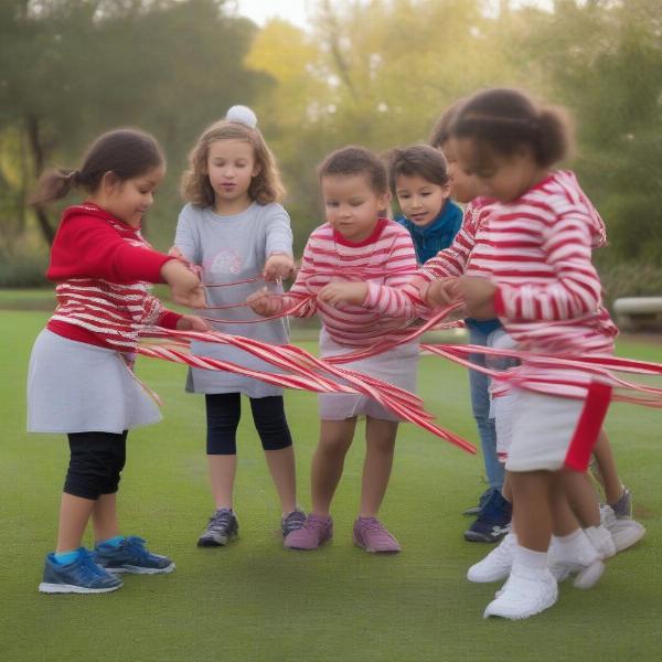 A group of kids competing in a candy cane relay race with string, demonstrating team based fun