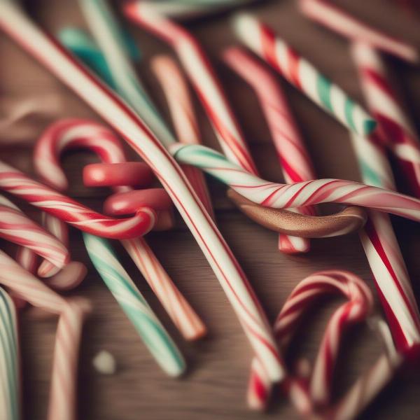 A wide array of candy canes scattered across a wooden table, ready for gameplay