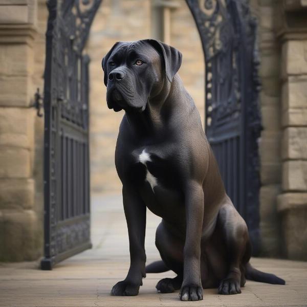 Cane corso dog guarding a castle gate, loyal and watchful