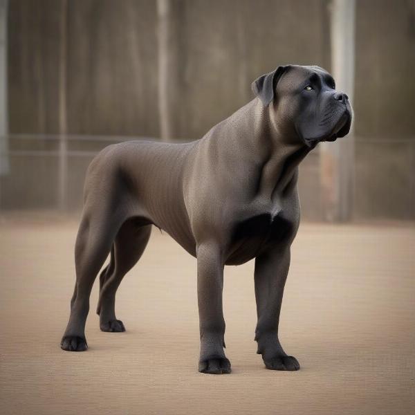 A strong and imposing cane corso dog in a guarding pose, standing alert