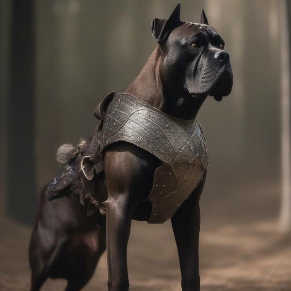 Cane corso wearing armor in Game of Thrones style, ready for battle