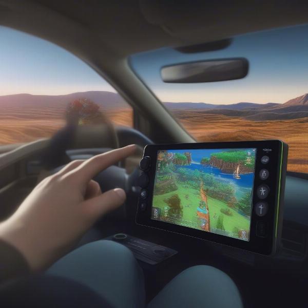 A person using a handheld gaming console in a car during a road trip