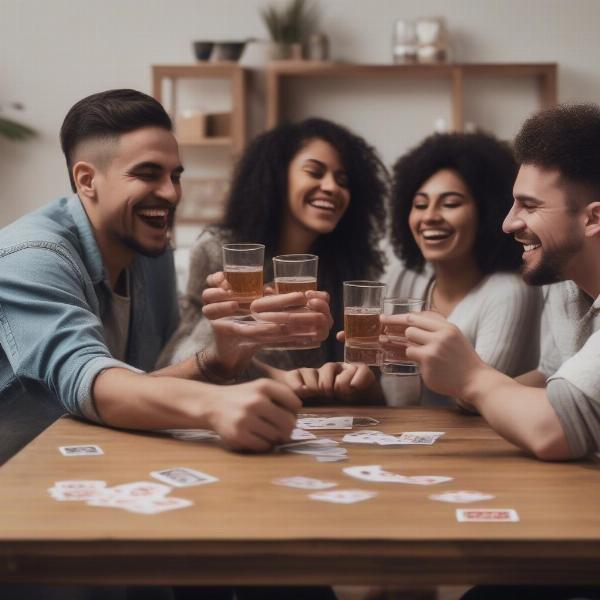 Friends playing card drinking game with water available