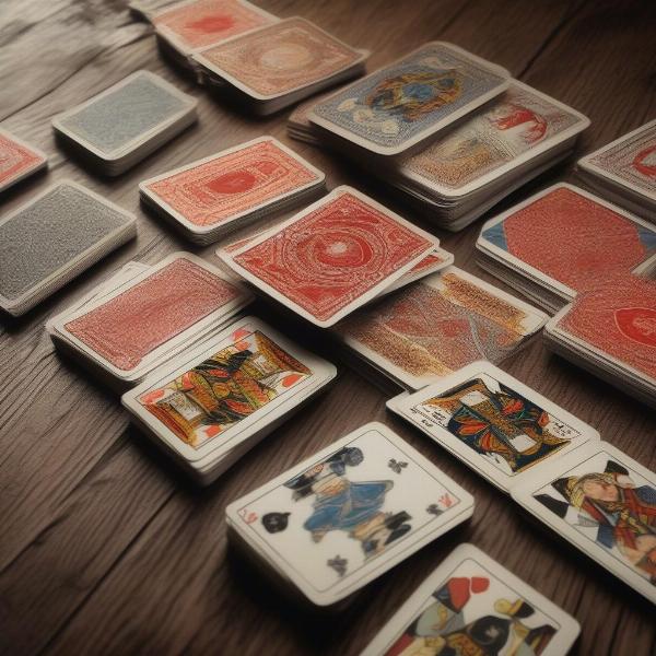 Close-up of playing cards on a wooden table