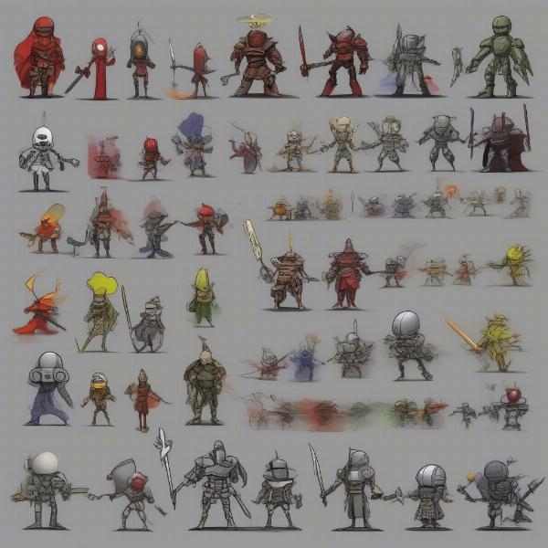 Cartoon Wars game unit showcase, diverse stick figure designs, different armor types, various weapons, detailed unit variations