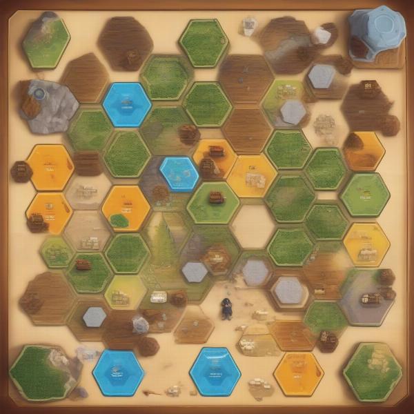 Catan board game setup showing various resource tiles and pieces
