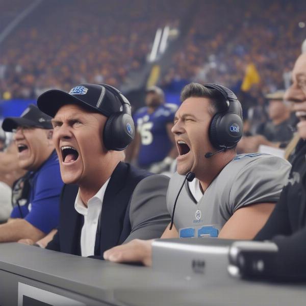 cbs football game announcers showing their excitement and passion for the game while in the broadcast booth