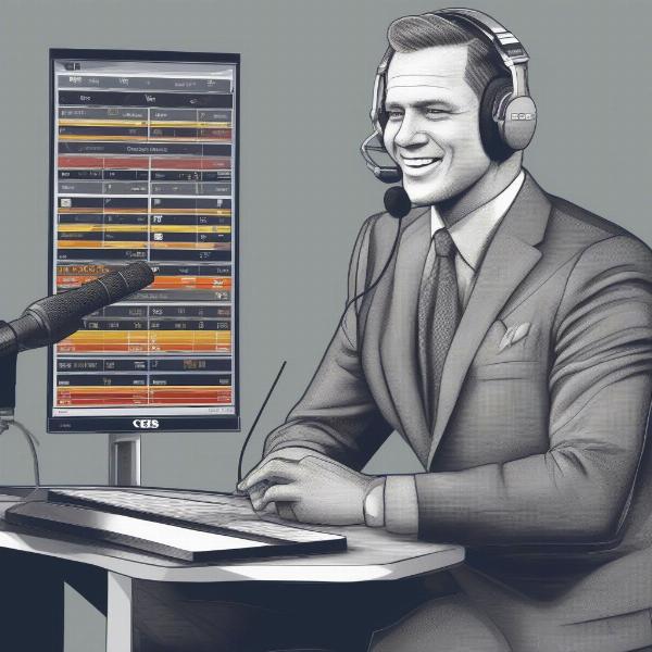 cbs football game announcer with microphone in the booth showing style and interaction with other commentators