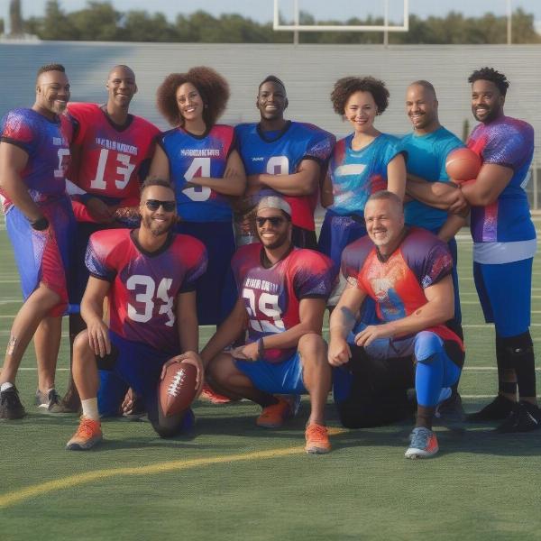 celebrities flag football team photo smiling at camera