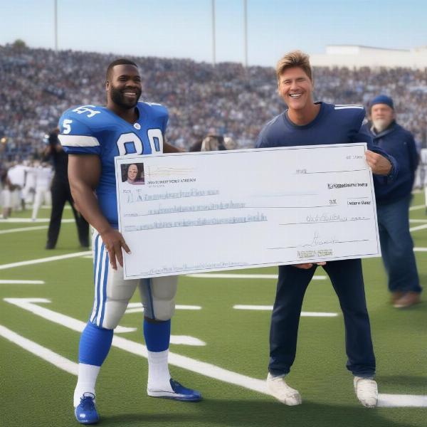 Celebrity Flag Football Game: A donation being made on the field