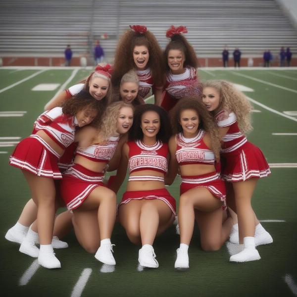 Cheerleaders performing a high-energy routine during a football game, showcasing complex stunts and synchronized movements