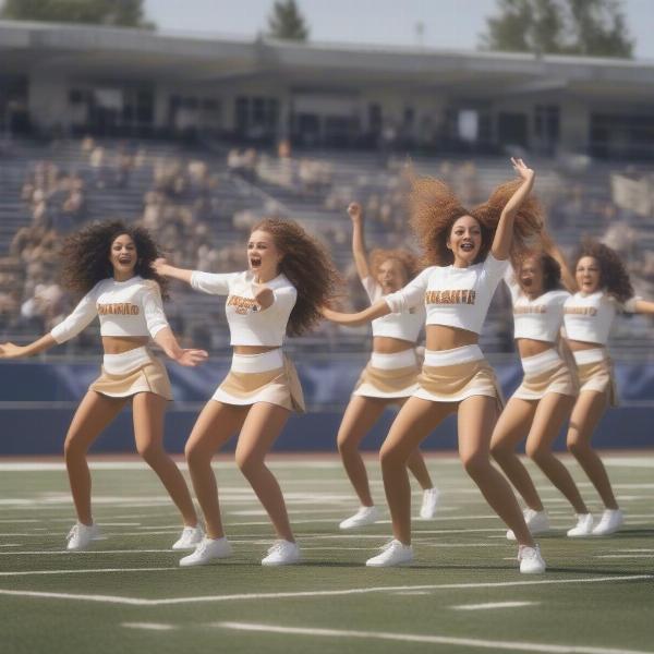 Cheerleaders performing a routine during halftime at a football game, showcasing high energy and dynamic movements in a stadium