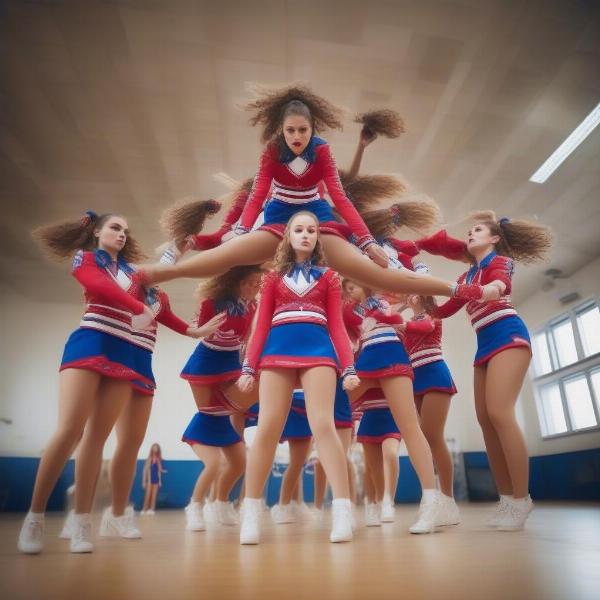 Cheerleaders forming a complex pyramid during a performance, demonstrating advanced skills and coordination.