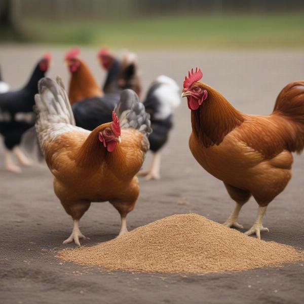 chickens eating mixed feed