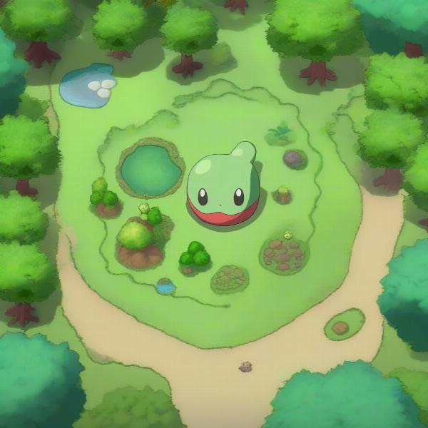 screenshot of a fan game, a view with chikorita standing in front of trees